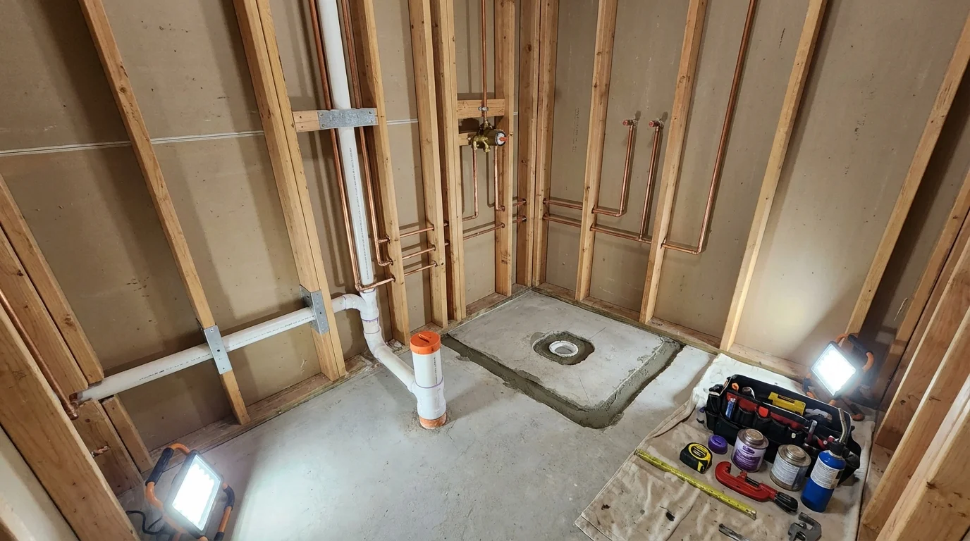 Bathroom rough-in plumbing during remodel by Johns Plumbing LLC in Palo Alto