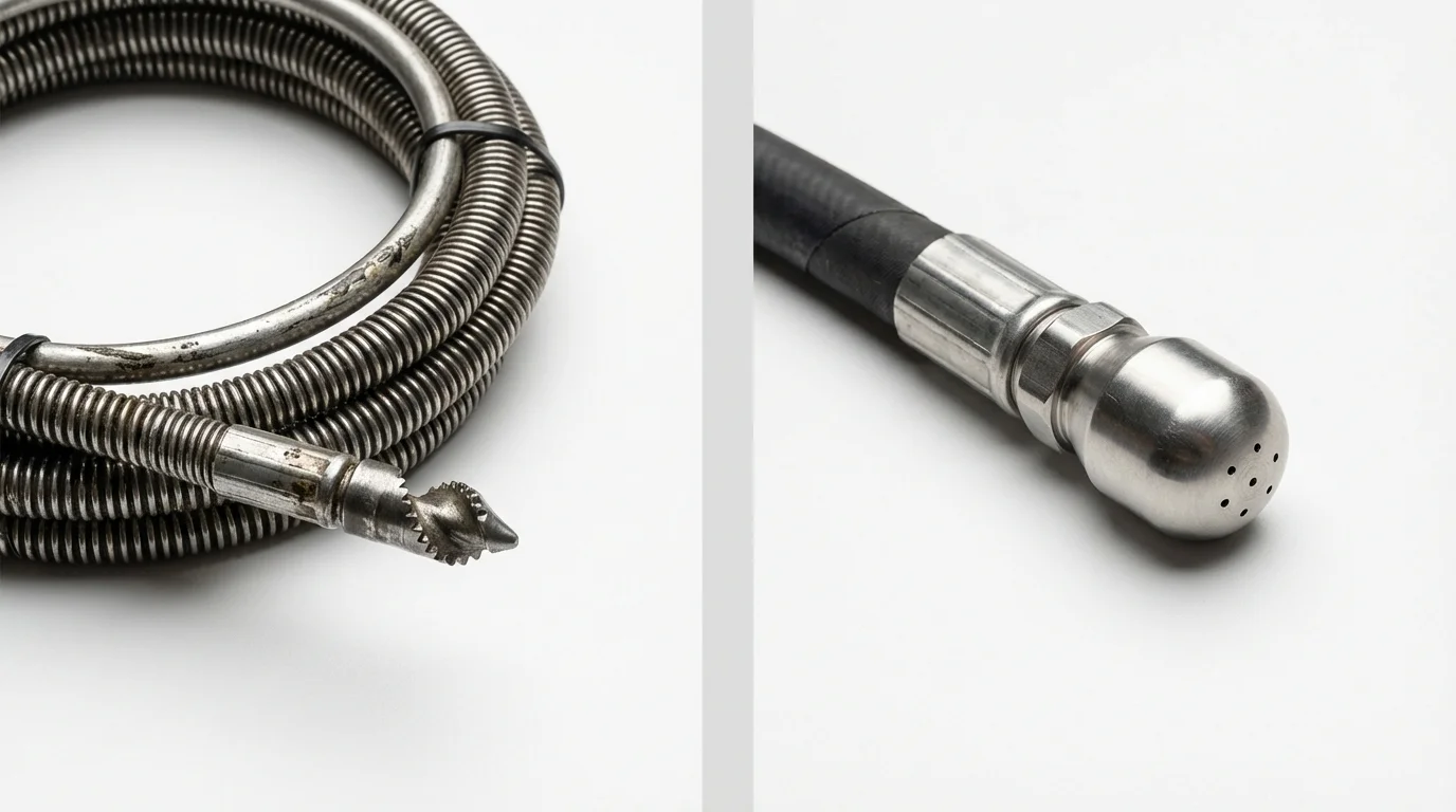 Drain snake cable and hydro jetting nozzle used for drain cleaning in Palo Alto, CA