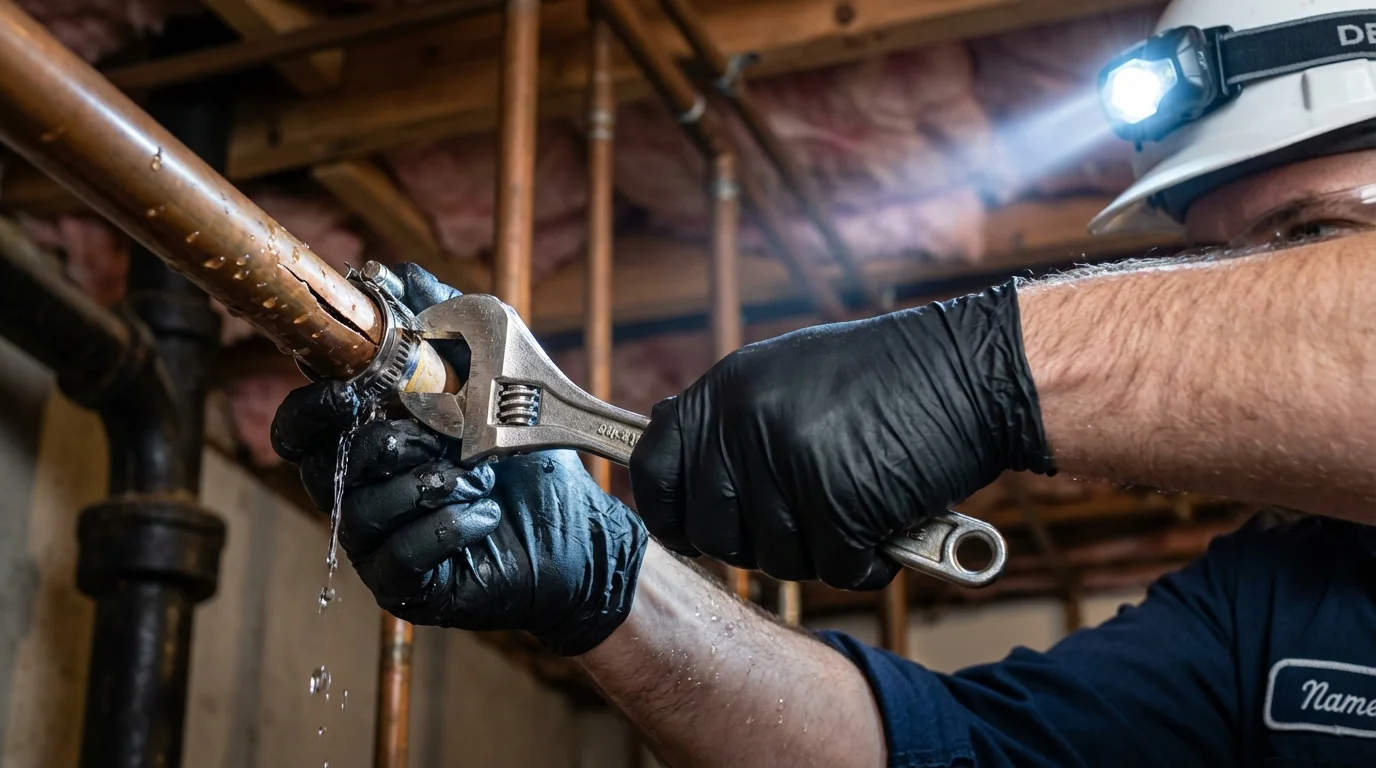 Emergency pipe clamp repair being performed by a Johns Plumbing LLC plumber in Palo Alto