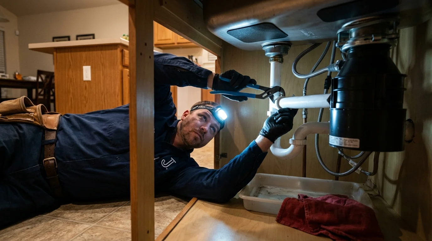 P-trap and supply line connections under a kitchen sink showing a common leak point in Palo Alto, CA